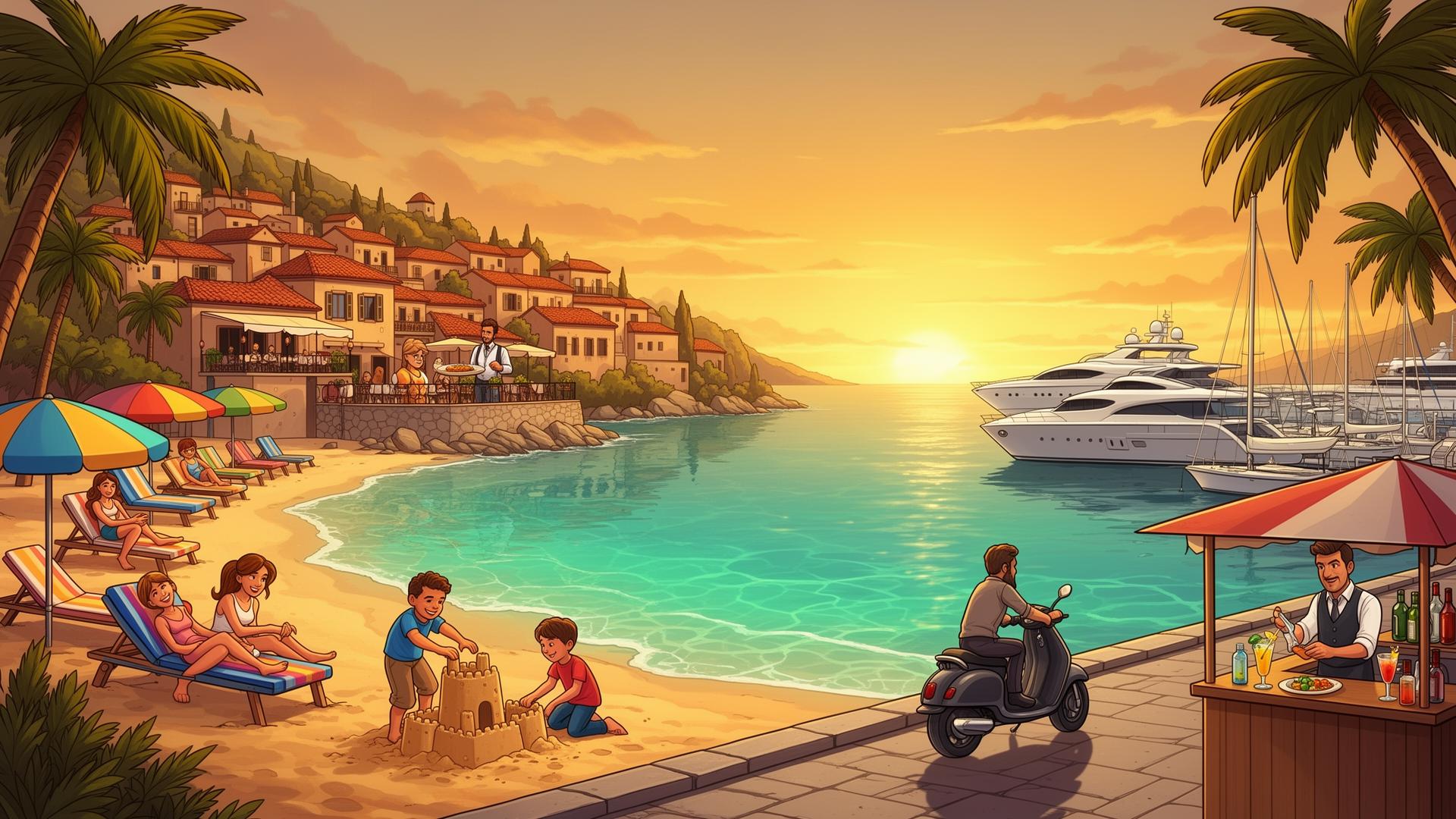SunnySpot Illustration mit Strand, Kindern, Marina und Sonnenuntergang